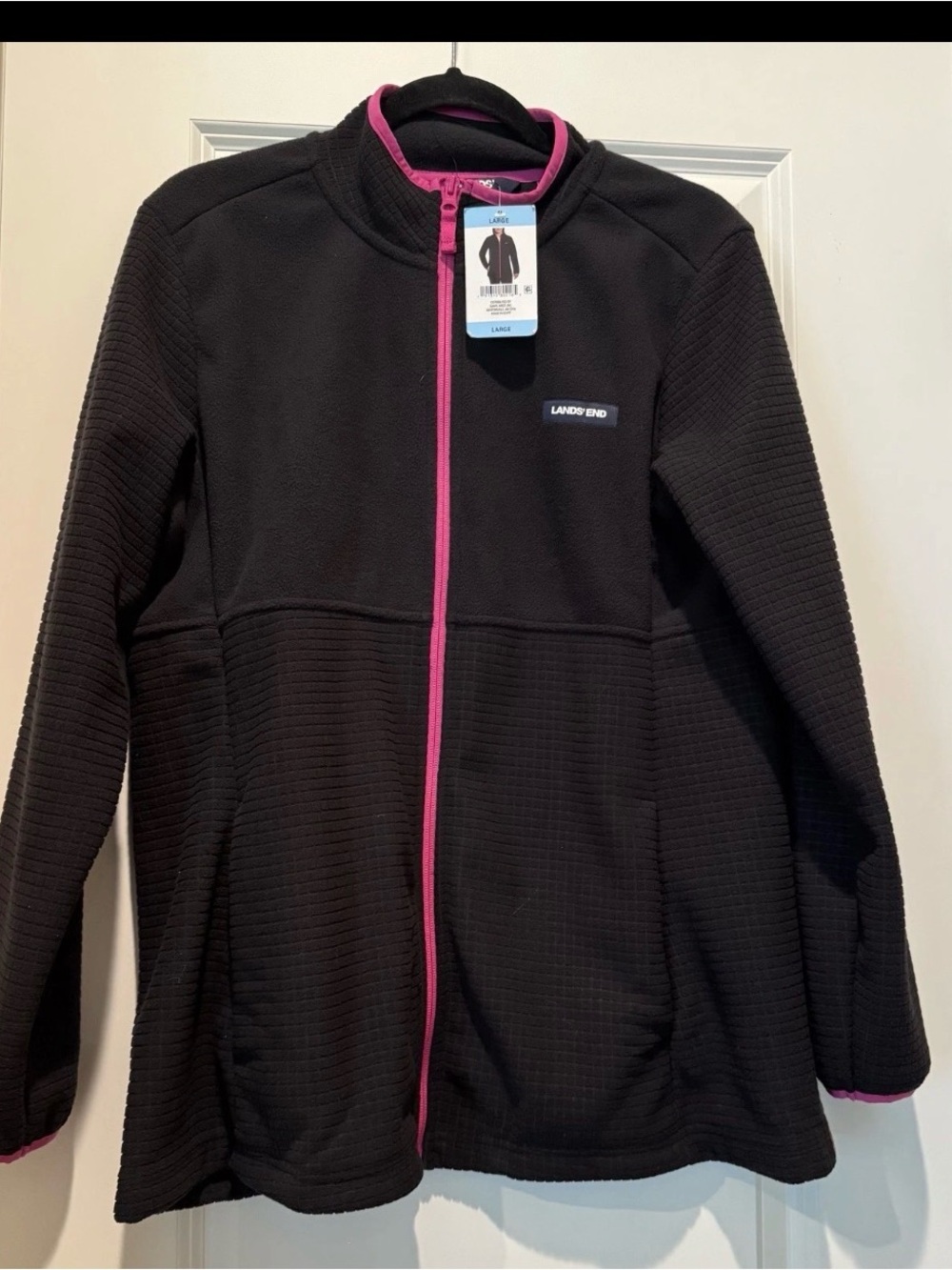 Lands End Women’s Size Large Black Pink Soft Fleece Full Zip Jacket